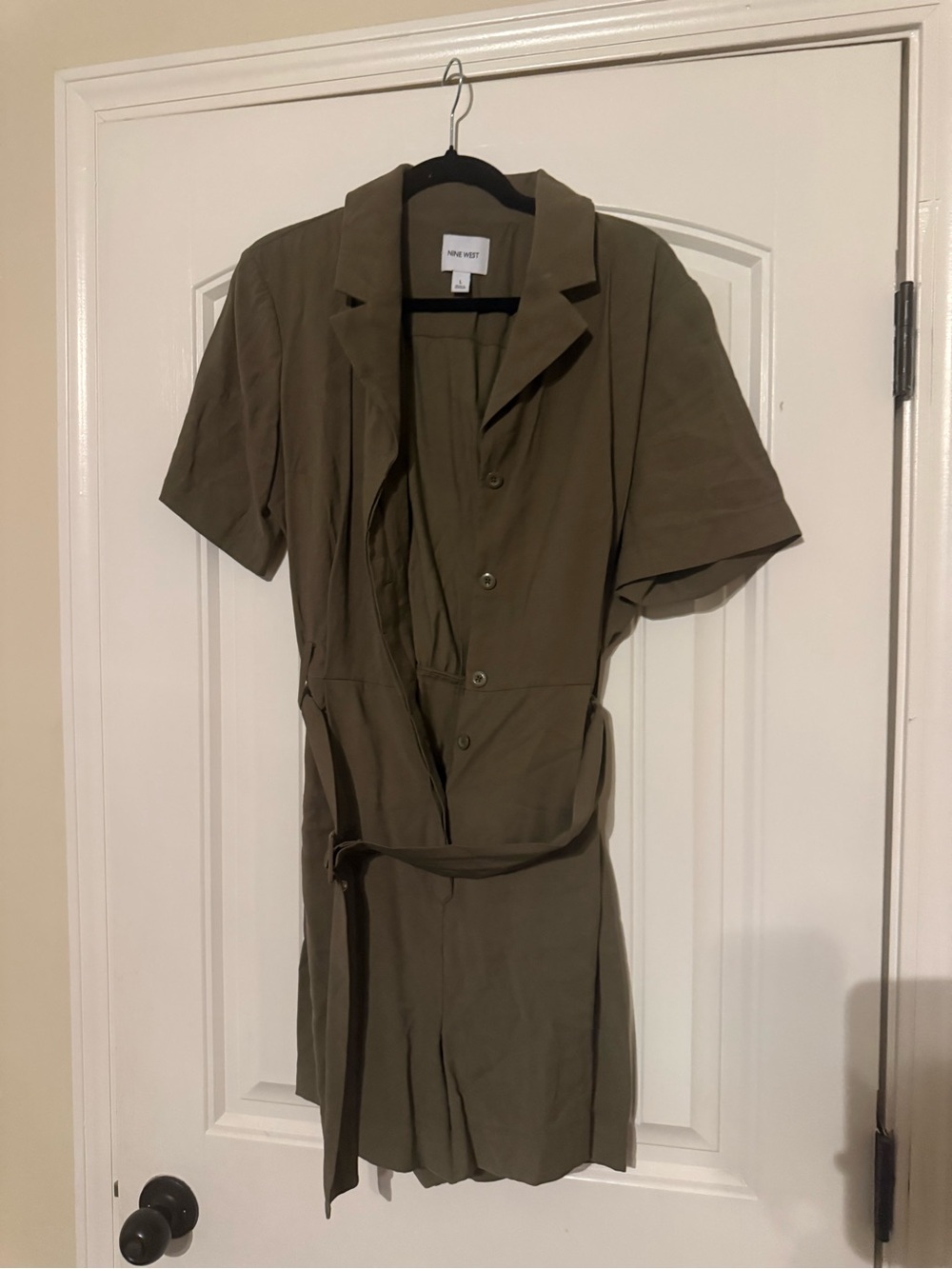 Nine West Olive Tie-Waist Short Sleeve Romper